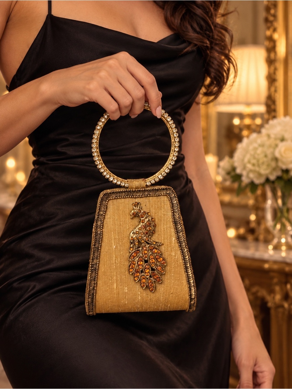 Vintage Gold Peacock Rhinestone Ring Handle Evening Bag Clutch